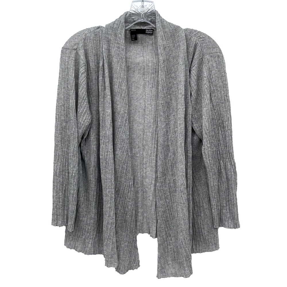 EILEEN FISHER Womens PM Petite Gray Crinkled Knit 7/8-Sleeve Open-Front Cardigan